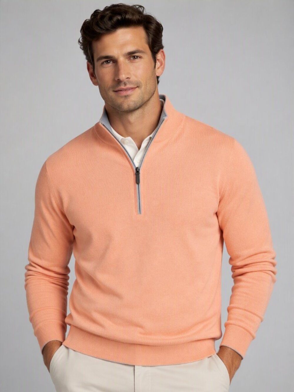 Hart Schaffner Marx Men's Salmon Extra Fine Merino Wool Quarter Zip Sweater L